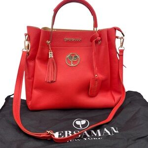 Persaman Coral Pebbled Leather Satchel Bag with Tassel & Crossbody Strap Luxury